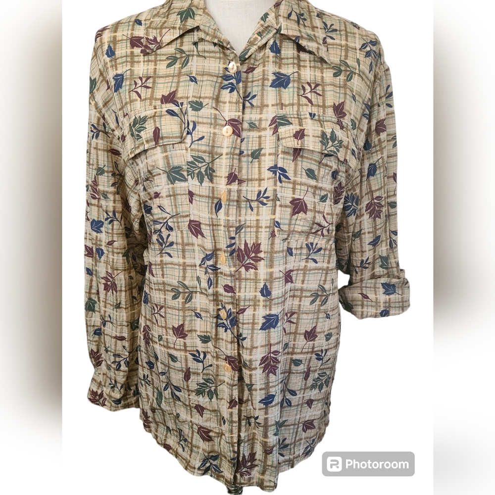 Vintage Cezar Silk Blouse Size Medium Leaf Print Brown Cream Green Blue